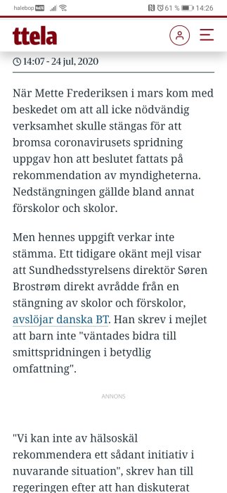 Skärmdump av nyhetsartikel från ttela om diskussion kring stängning av skolor i Danmark under coronapandemin.