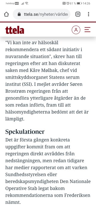 Skärmdump av en nyhetsartikel på ttela.se som handlar om Danmarks åtgärder under en kris.