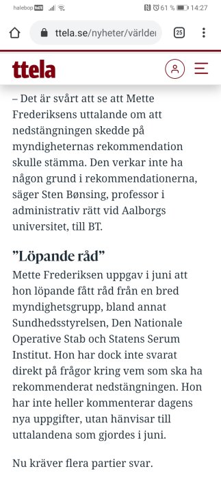 Skärmdump av en artikel på ttela.se som diskuterar Mette Frederiksens uttalanden om skolstängningar.
