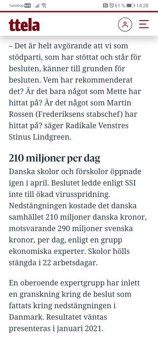 Skärmdump av en artikel på ttela.se om kostnaden för skolstängning i Danmark under pandemin.