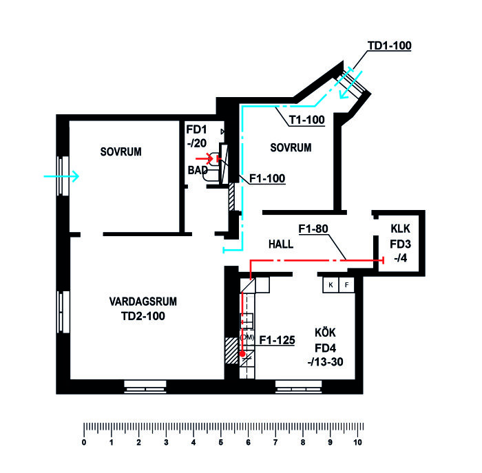 Ritning av lägenhet före och efter ombyggnad med markerade ventilationssystem.