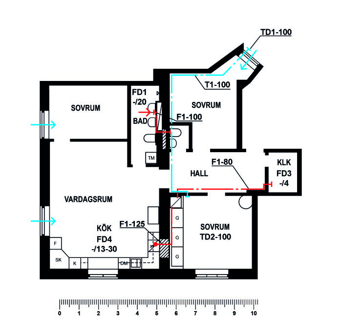 Ritning av en bostadsplan med markerade ventilationssystem i sovrum, kök och hall efter ombyggnation.