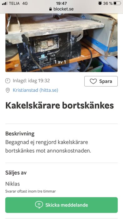 Använd kakelskärare med damm och smuts, visas på Blocket-annonsen för att skänkas bort.