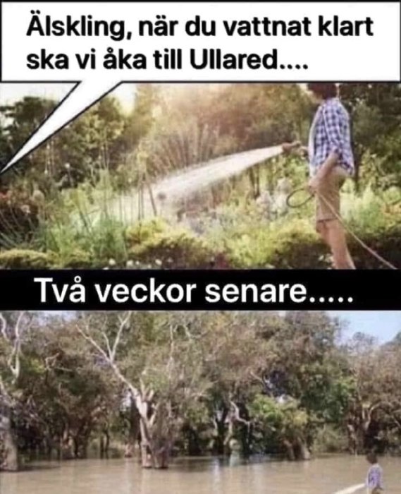 En person vattnar trädgården i övre bilden och översvämning i samma område två veckor senare i den undre bilden.