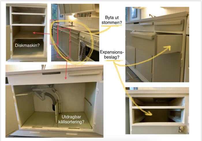 Kollage av ett 50-talskök med förslag på modernisering: planerad plats för diskmaskin, expansionsbeslag och källsortering.