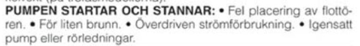 Suddig text från en manual som listar orsaker till varför en pump startar och stannar, inklusive fel på flottör eller rörledningar.