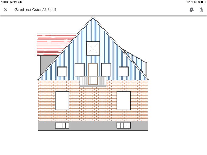 Illustration av husgavel med skissad altan mellan två övre fönster och källarfönster som inte är täckta.