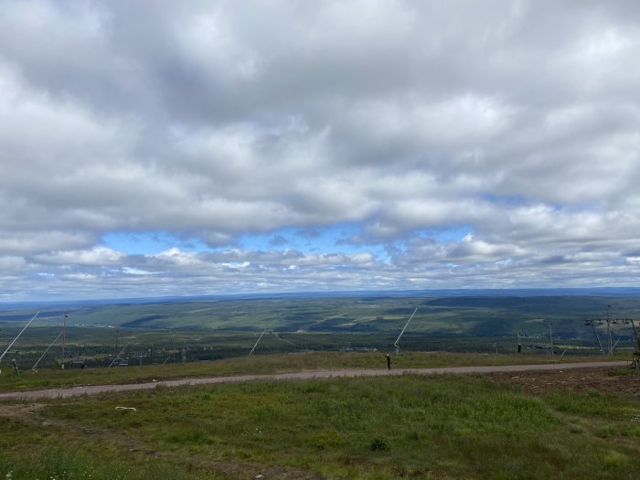 Vy från Sälentoppen över landskap med tomma skidliftar och molnig himmel.