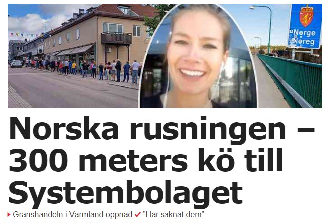 Kö av människor utanför en butik, rubrik nämner ‘300 meters kö till Systembolaget’.