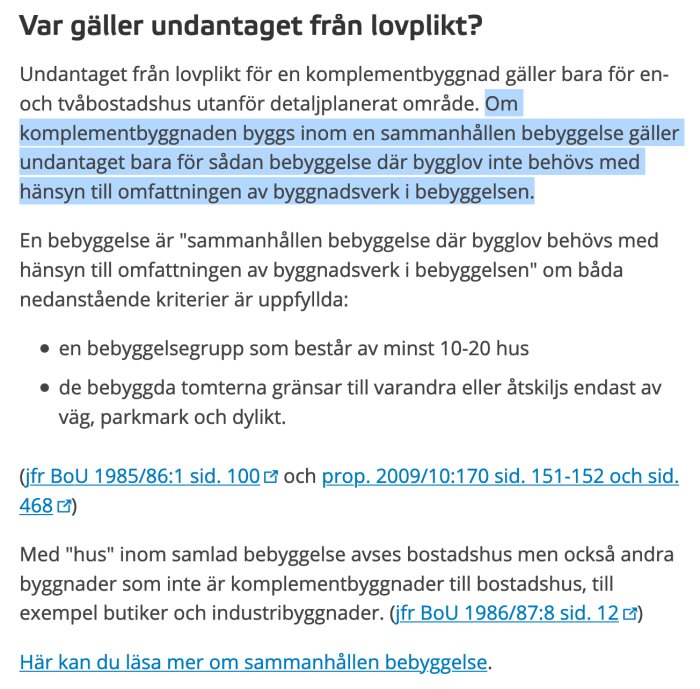 Skärmdump av information om undantag från bygglovskrav i sammanhållen bebyggelse enligt Boverket.