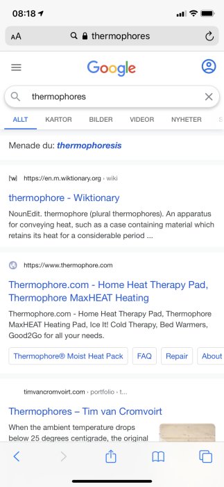Skärmavbild av Google-sökningsresultat för "thermophores" med länkar och sökförslag.