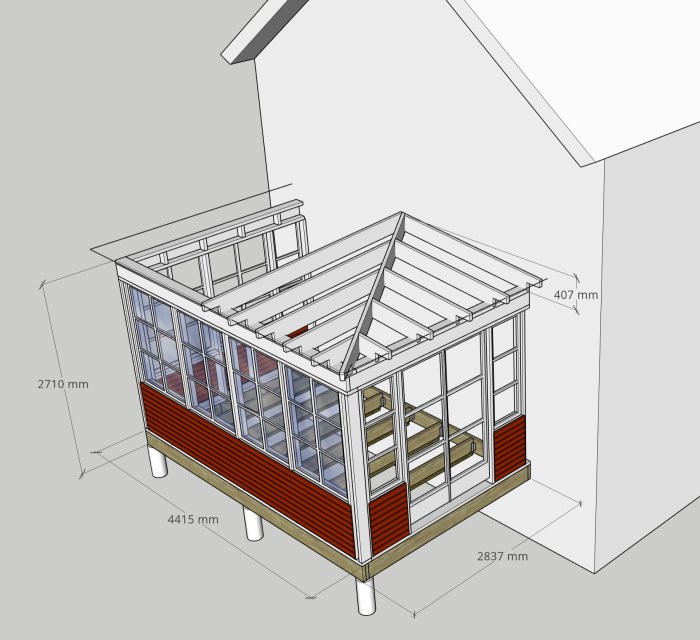 3D-modell av en byggkonstruktion med mått för ett valmat tak.