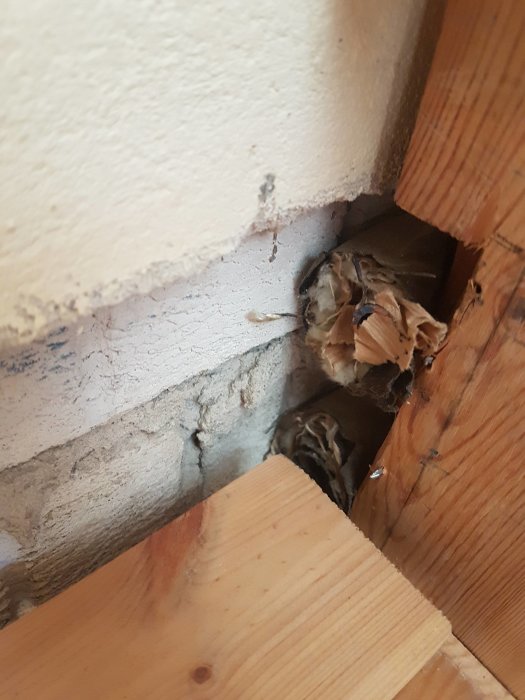 Hål i vägg bakom panel visar gamla avskurna rör, möjlig koppling till tidigare badrumsinstallation.