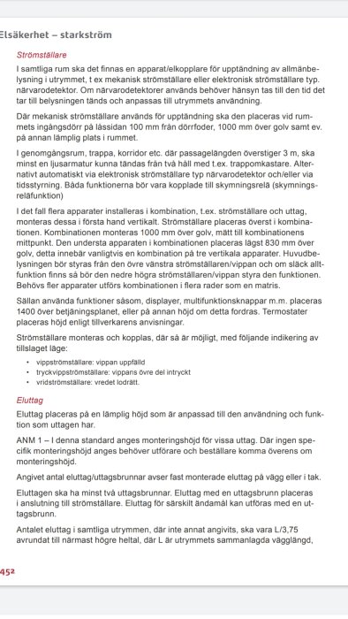 Sida ur Elkos Elbok 2019 som beskriver riktlinjer för placering och montering av strömbrytare och eluttag i ett rum.