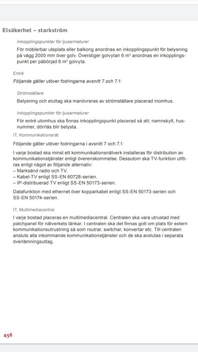 Textsida från Elkos Elbok 2019 med riktlinjer om elinstallation, belysningspunkter och kommunikationsnät.