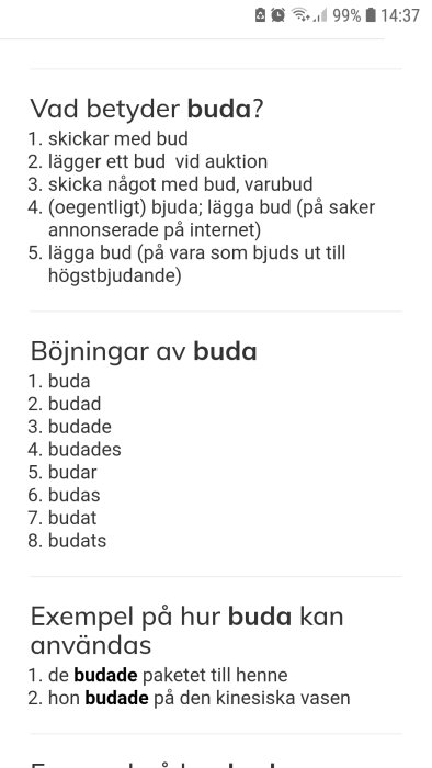 Skärmklipp som visar definition och böjningar av verbet "buda" på svenska, samt exempel på användning.