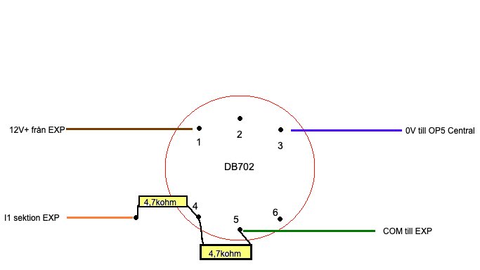 Elektriskt kopplingsschema som visar komponent DB702 med anslutningar och resistansvärden på 4,7k ohm.