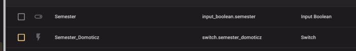 Gränssnitt med två hemautomatiseringsbrytare: "Semester" input_boolean och "Semester_Domoticz" switch.