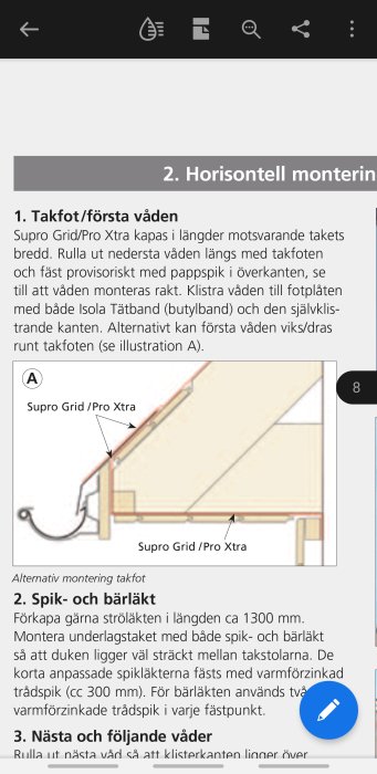 Illustration av montering av Supro Grid/Pro Xtra underlagstak vid takfot enligt Isolas instruktioner.