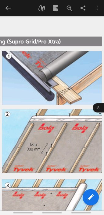 Illustration av tre steg i montering av Isola diffusionsöppet underlagstak på takstolar.