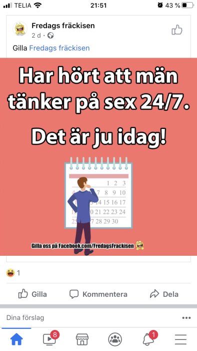 Skärmklipp från Facebook med meme som visar en figur som tittar på en kalender, texten "Det är ju idag!