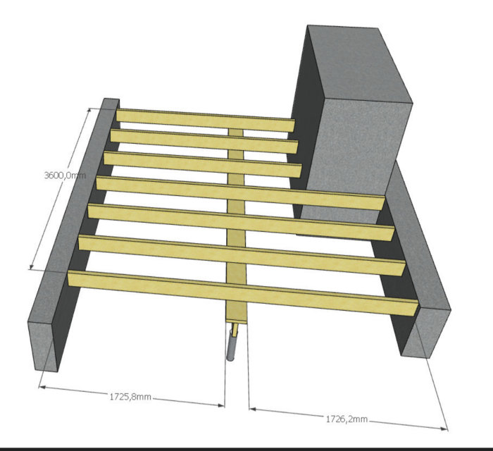 3D-ritning av förstärkt bjälklag med tvärgående regel och stolpskor på plintar, dimensioner inkluderade.