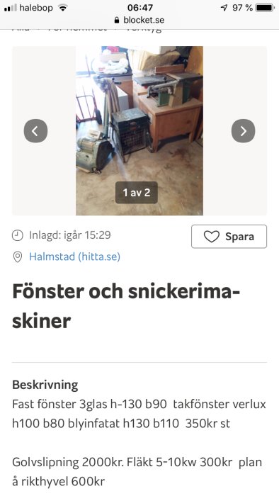 Verkstadslokals interiör med diverse snickeriverktyg och byggmaterial, inklusive en rikthyvel i förgrunden.