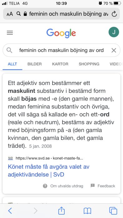 Skärmdump av Google-sökning på svenska om adjektivböjning.