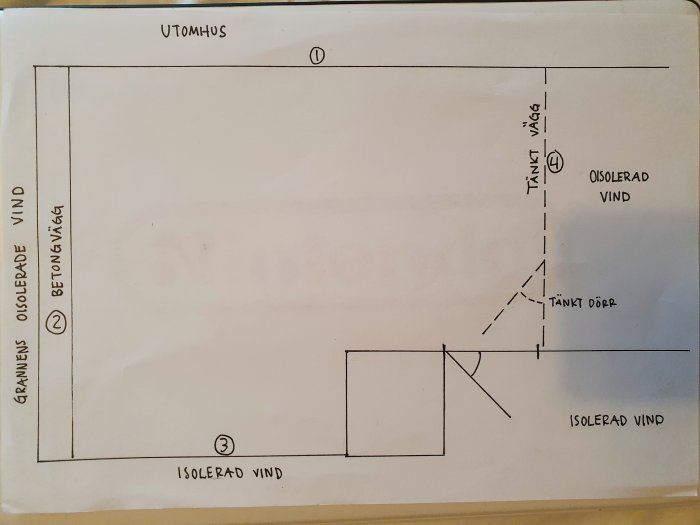 En handritad skiss av en vind inredd som kontor/musikstudio med markerade isolerade väggar och snedtak.