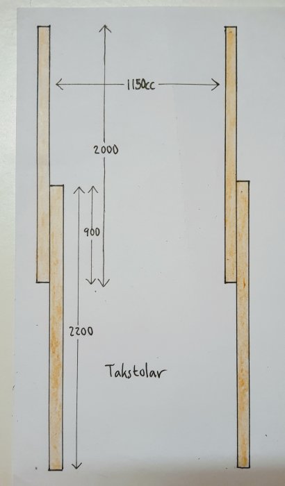 En handritad skiss av takstolar med måttangivelser för ett byggprojekt på en vind.