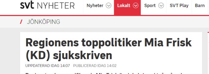 Skärmdump från SVT Nyheter webbsida med rubrik om politiker som är sjukskriven.