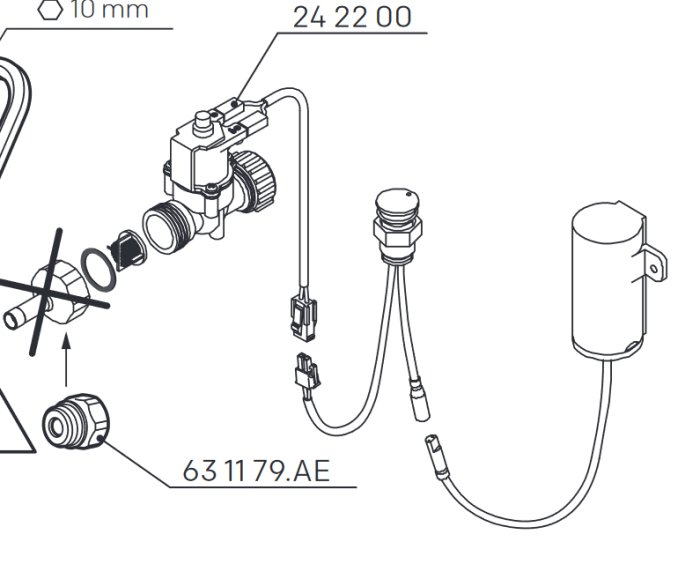 Teknisk ritning av detalj 63 11 79 med angränsande komponenter och plastgängor.