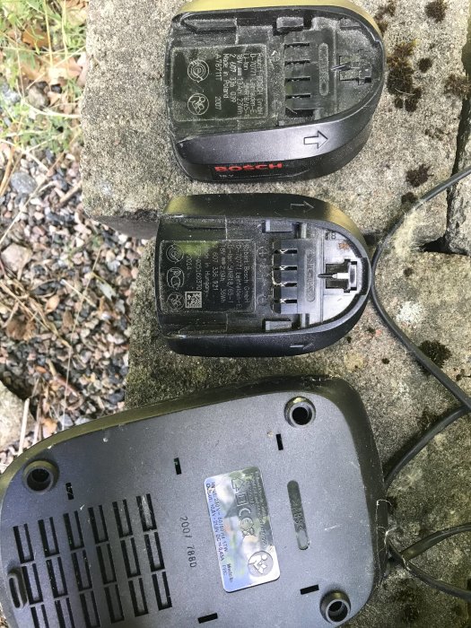 Bosch batteri och laddare för trimmer belagda med smuts och damm på en stenig yta.