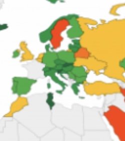 Utdrag av Europakarta som visar olika länder färgkodade baserat på COVID-19 fall, Sverige mörkrött.