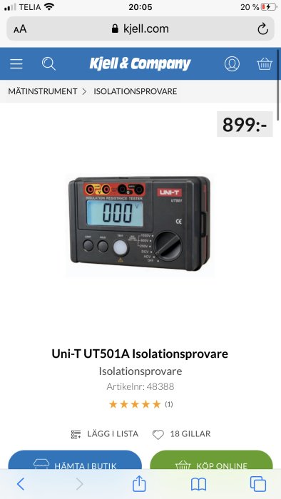 Isolationsprovare Uni-T UT501A på Kjell & Companys webbplats, visar pris och kundomdömen.