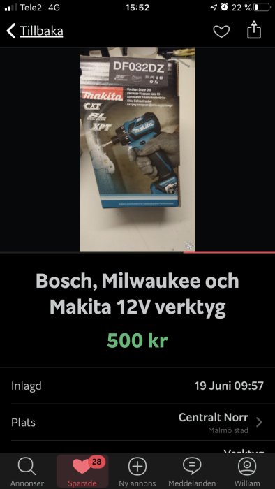 Förpackning av Makita 12V borrskruvdragare med modellnummer DF032DZ.