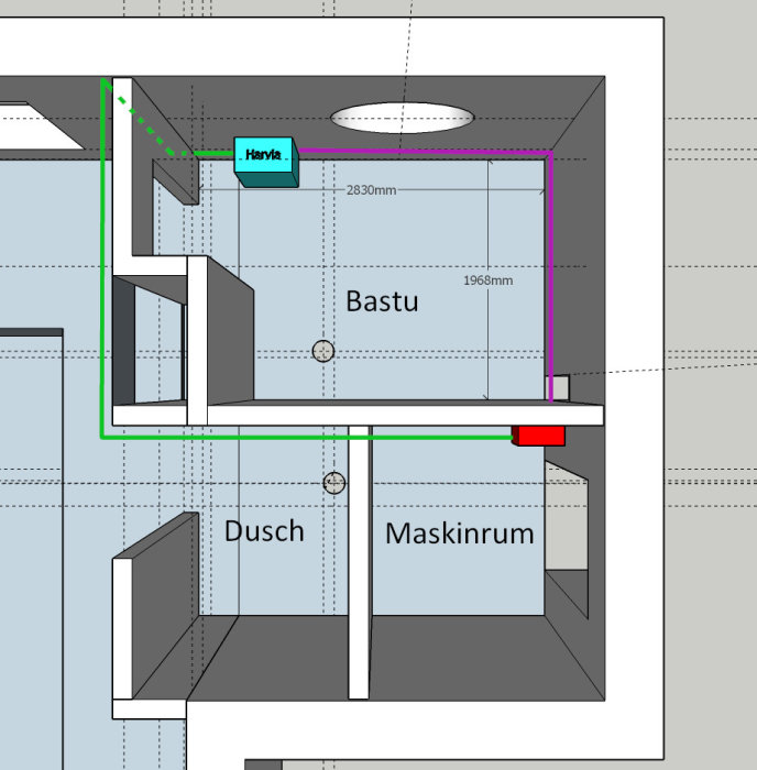 Skiss av bastu med markerade rördragningar i grönt och lila, inmurade rör och Harvia bastuaggregat.