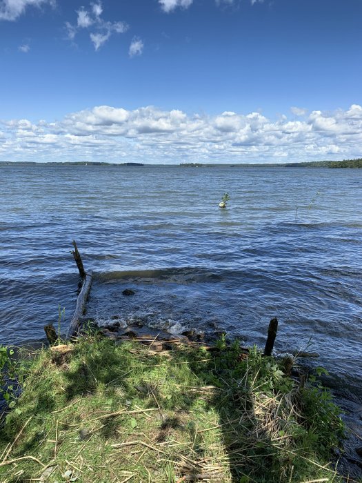 Vy över Mälaren från en gräsmark med synliga stenar och rester av en gammal brygga vid vattnet.