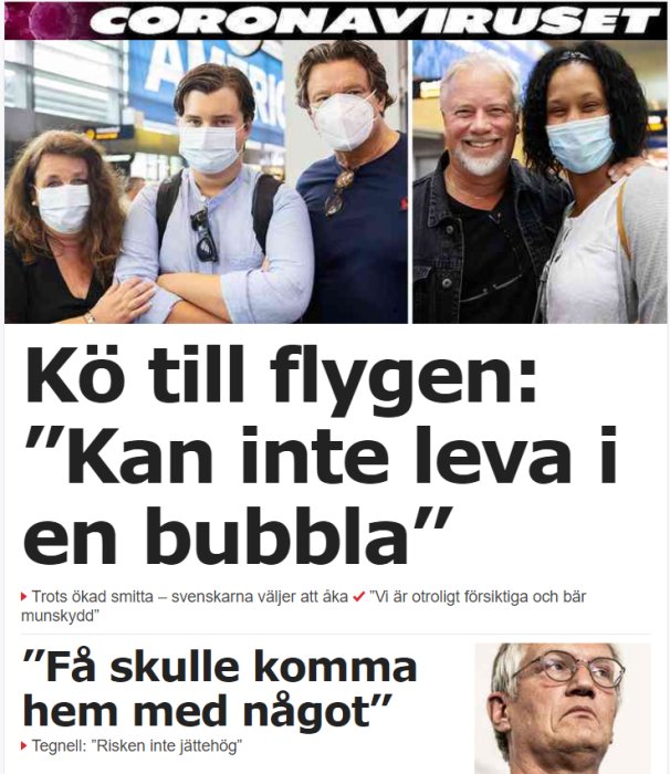 Personer med munskydd på flygplats; nyhetsrubriker om coronaviruset och resande.