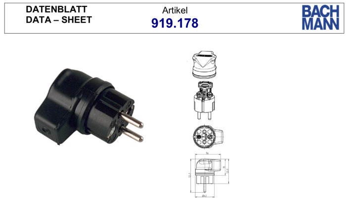 Bachmann stickpropp i gummi med tekniska ritningar och måttangivelser, produkt nummer 919.178.