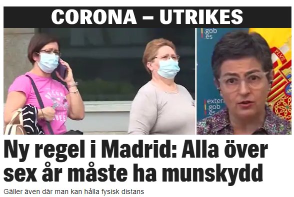 Två kvinnor med munskydd och en nyhetsrubrik om munskyddskrav i Madrid.