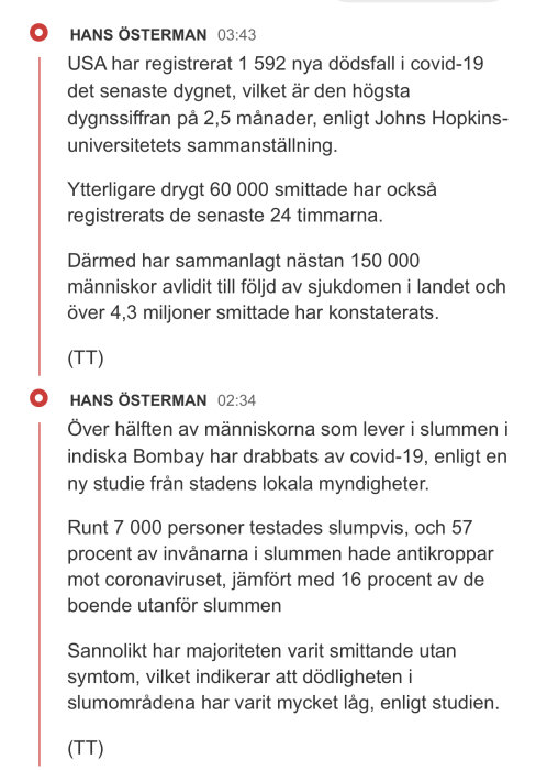 Skärmbild av nyhetsartiklar om COVID-19, dödsfall i USA och antikroppsstudie i Bombay.