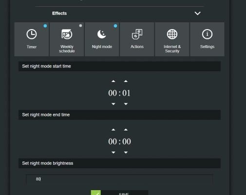 Skärmdump av gränssnittet för att ställa in Night mode på en Shelly dimmer med tidsinställningar och ljusstyrkenivå.