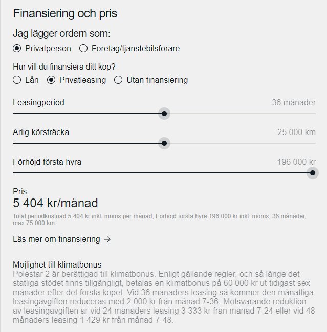 Skärmbild av finansieringsalternativ med sliders för leasingperiod och årlig körsträcka med priset 5 404 kr/månad.