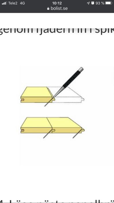 Illustration av rätt och fel sätt att såga genom en list med en handsåg.