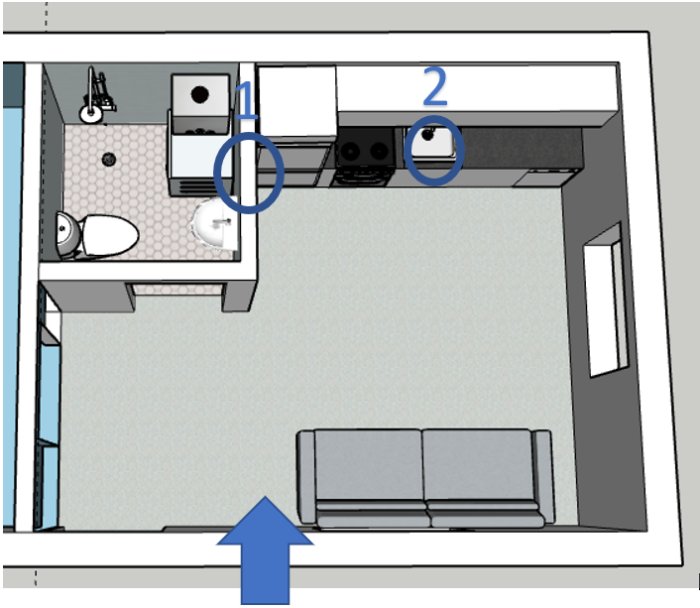 Ritning av komplementbyggnad med markerade punkter för vatteninstallation i kök och badrum.