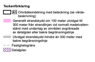 Teckenförklaring med symboler och beskrivningar för strandskydd, utvidgat strandskydd och detaljplan för byggprojekt.