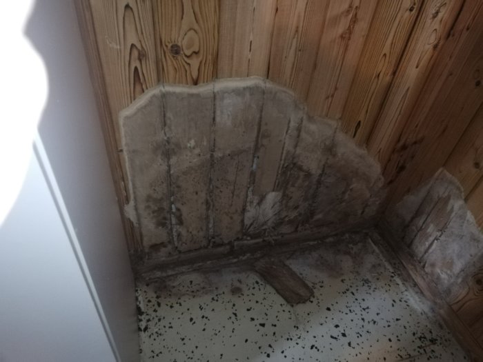 Träpanel i källare med mögel och fuktskador där ett plåtskåp tidigare stått.