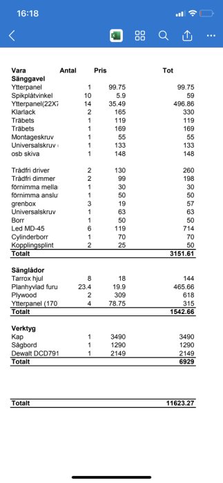 Kostnadsuppskattning för sänggavel och sänglådor med detaljerad prislista över material och verktyg.