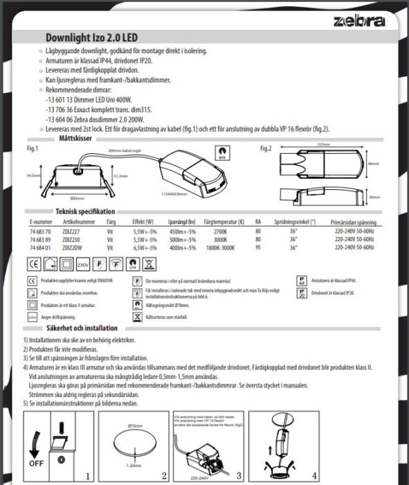 Teknisk manual för Zebra Downlight IZO 2.0 LED spotlights med skisser och installationsspecifikationer.